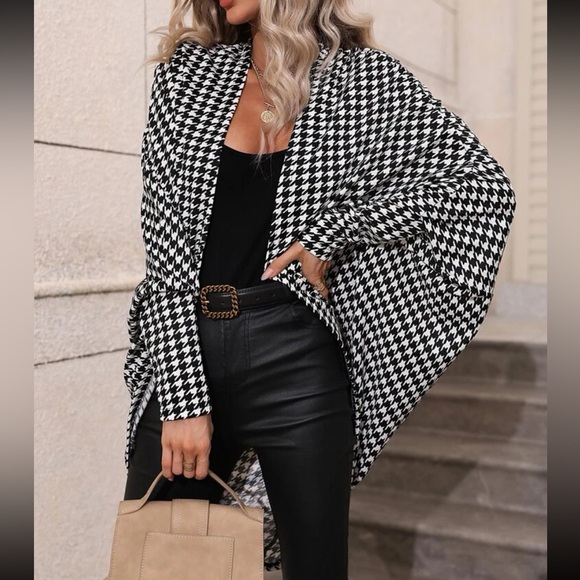 Classic Houndstooth Plaid Batwing Sleeve Open Front Cover UP Coat LIGHTWEIGHT - Picture 6 of 11